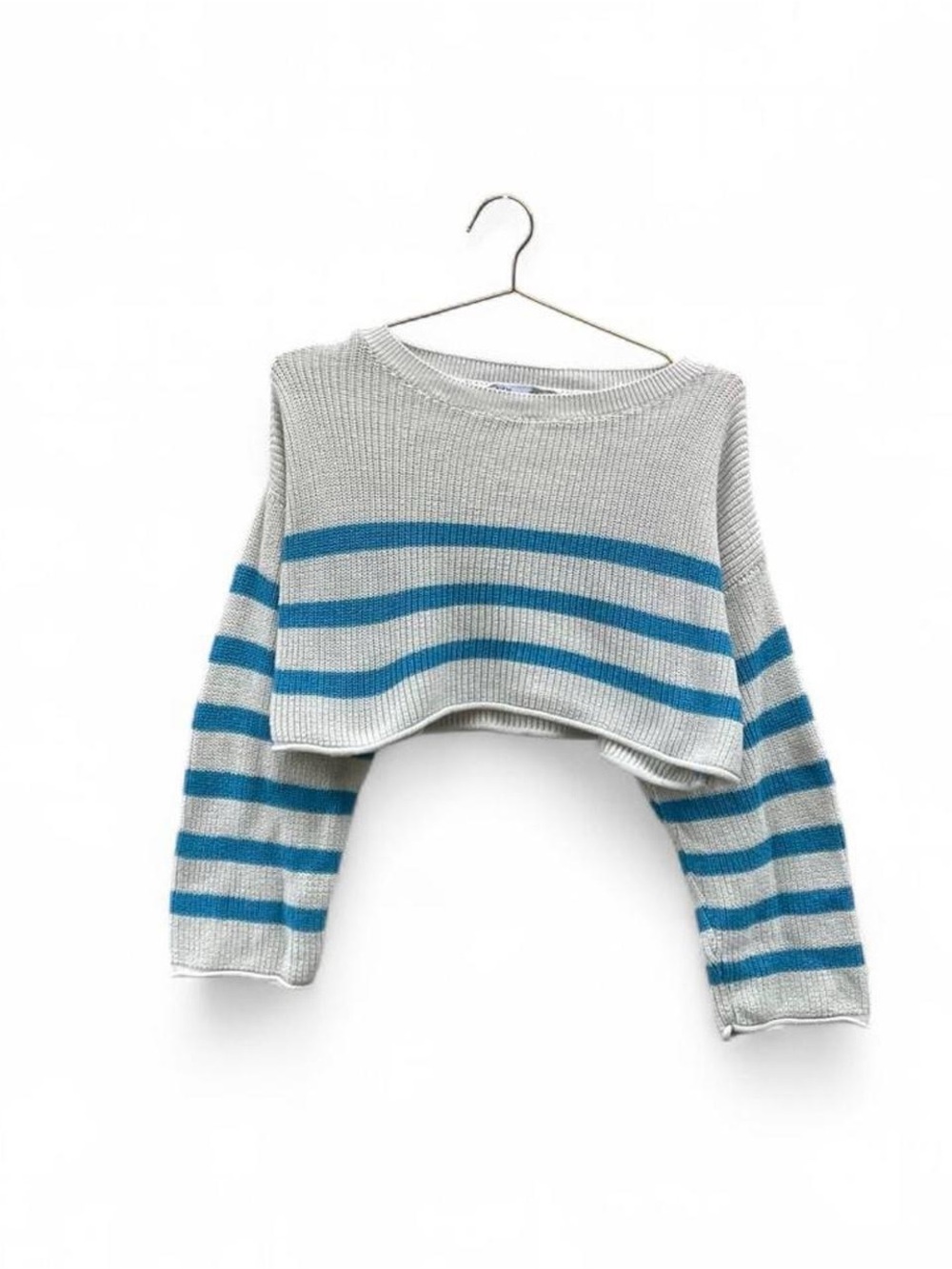 Zara Blue White Striped Cropped Knit Sweater Preppy Coastal Size S